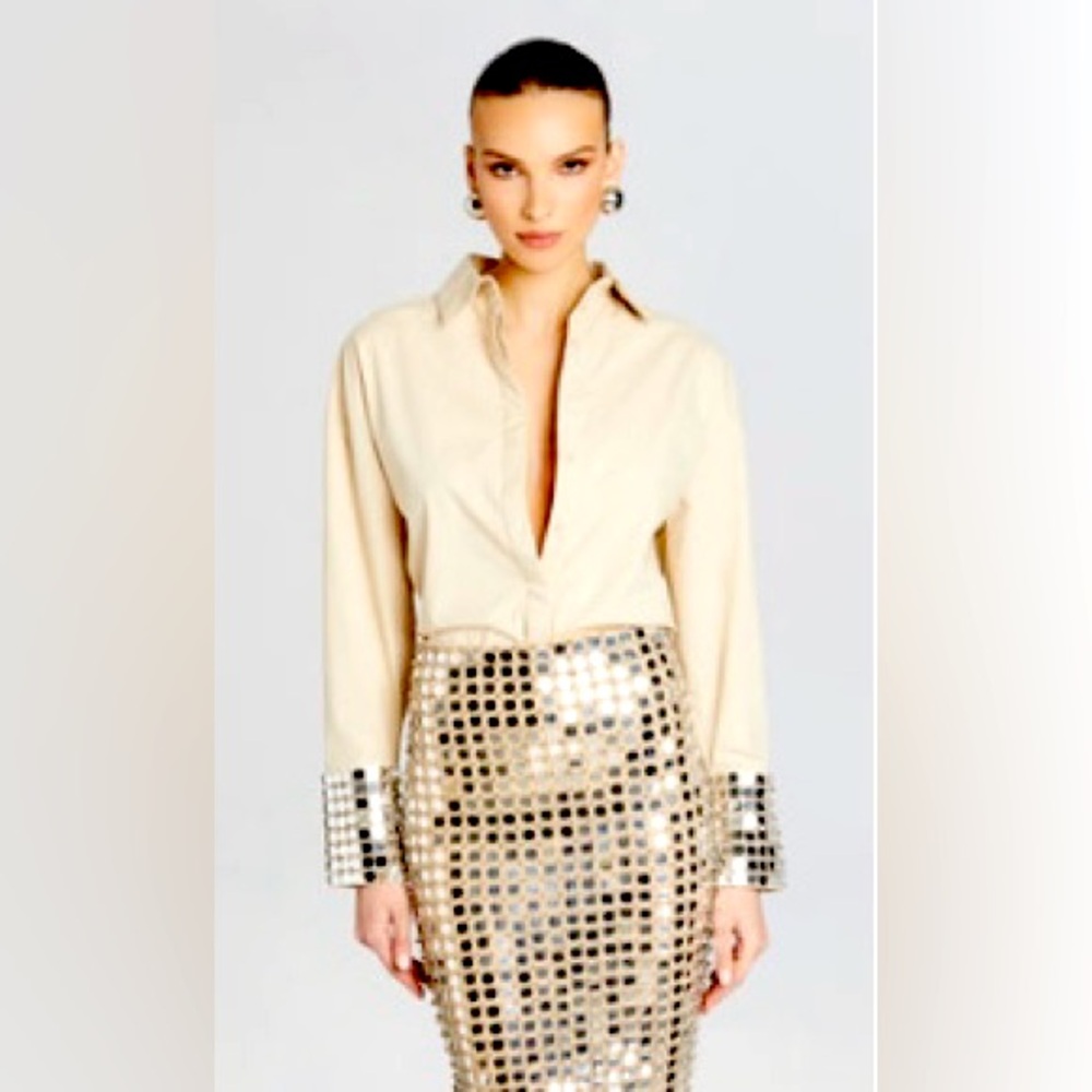 RETROFETE Gold Sequin Buttoned Shirt Blouse Tan/Silver/Sequen XS NEW with Tags
